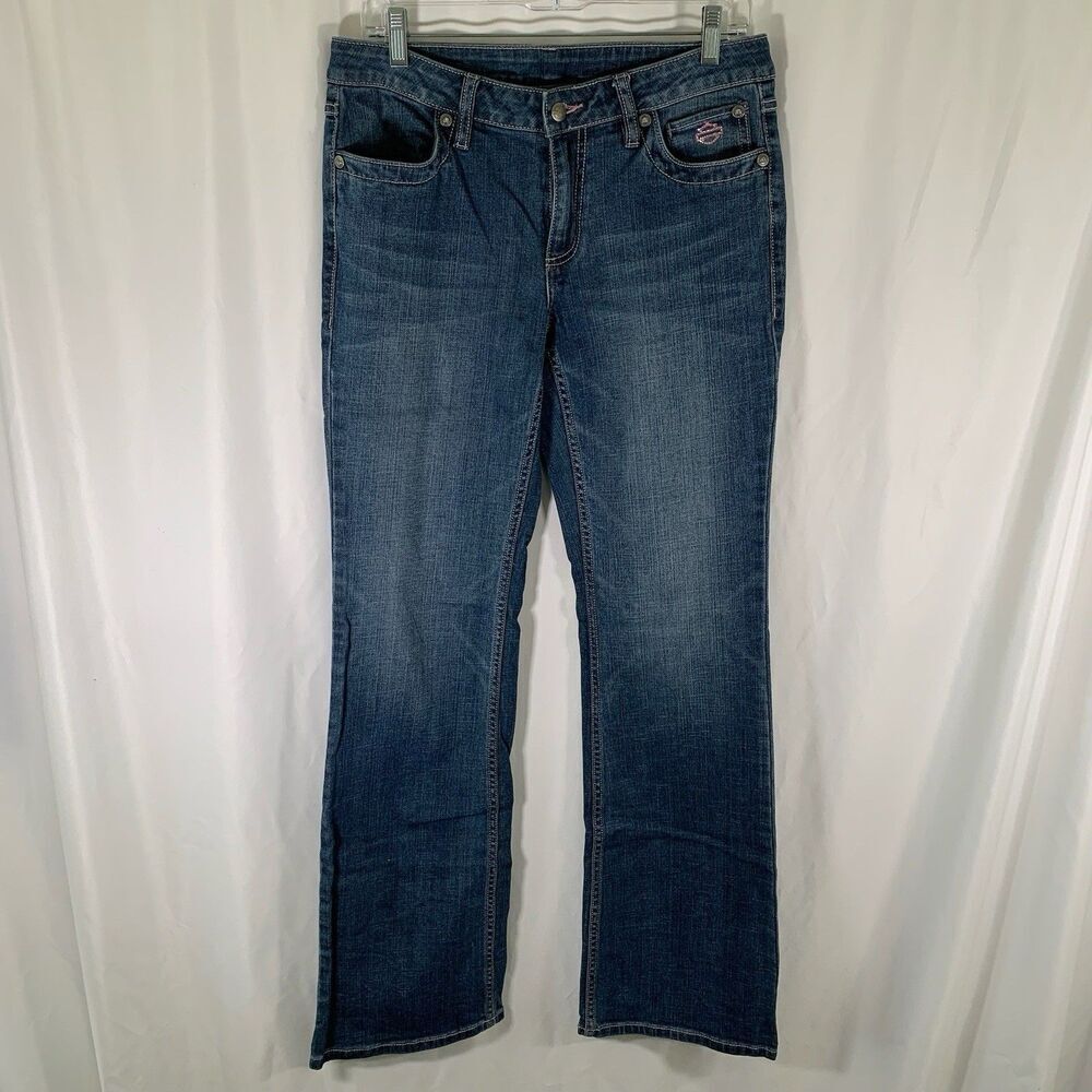 Harley Davidson Jeans Women's 8 Tall Medium Wash Denim Bedazzled Mid Rise Cotton